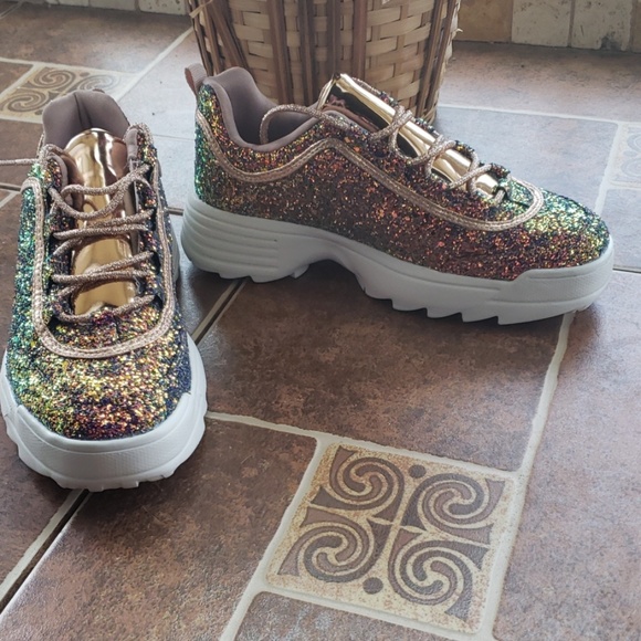 NEW MULTI GLITTER ROSE GOLD METALLIC SNEAKERS SHOE - Picture 4 of 8